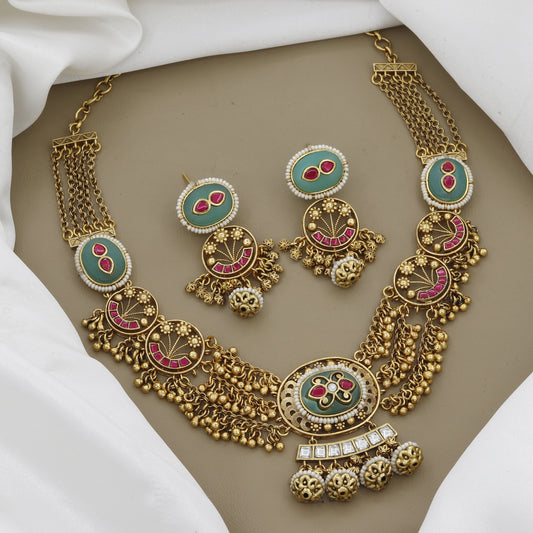 Teal Enamel & Ruby Gold-Tone Antique Necklace Set