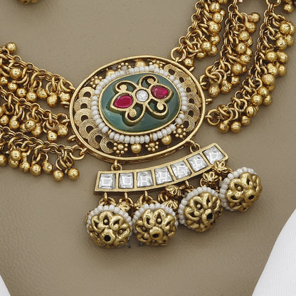 Teal Enamel & Ruby Gold-Tone Antique Necklace Set