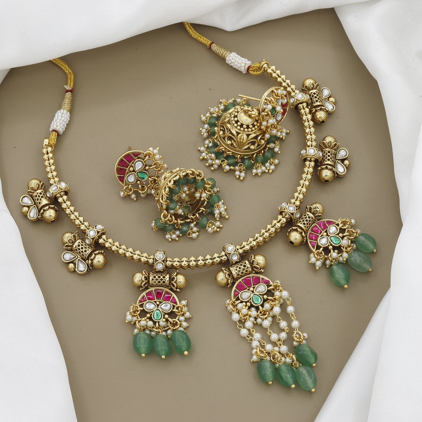 Traditional Green Bead Antique Kundan Necklace & Jhumka Set