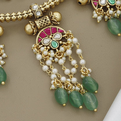 Traditional Green Bead Antique Kundan Necklace & Jhumka Set