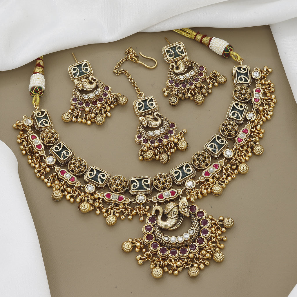 Antique Gold Peacock Necklace Set with Maang Tikka