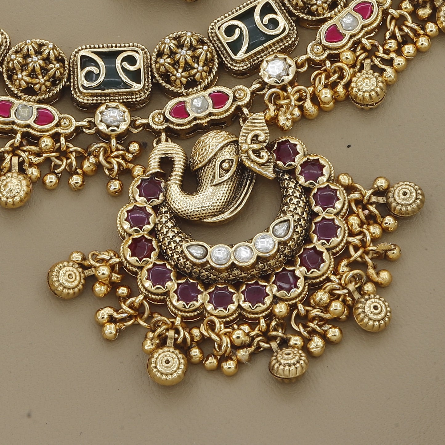 Antique Gold Peacock Necklace Set with Maang Tikka