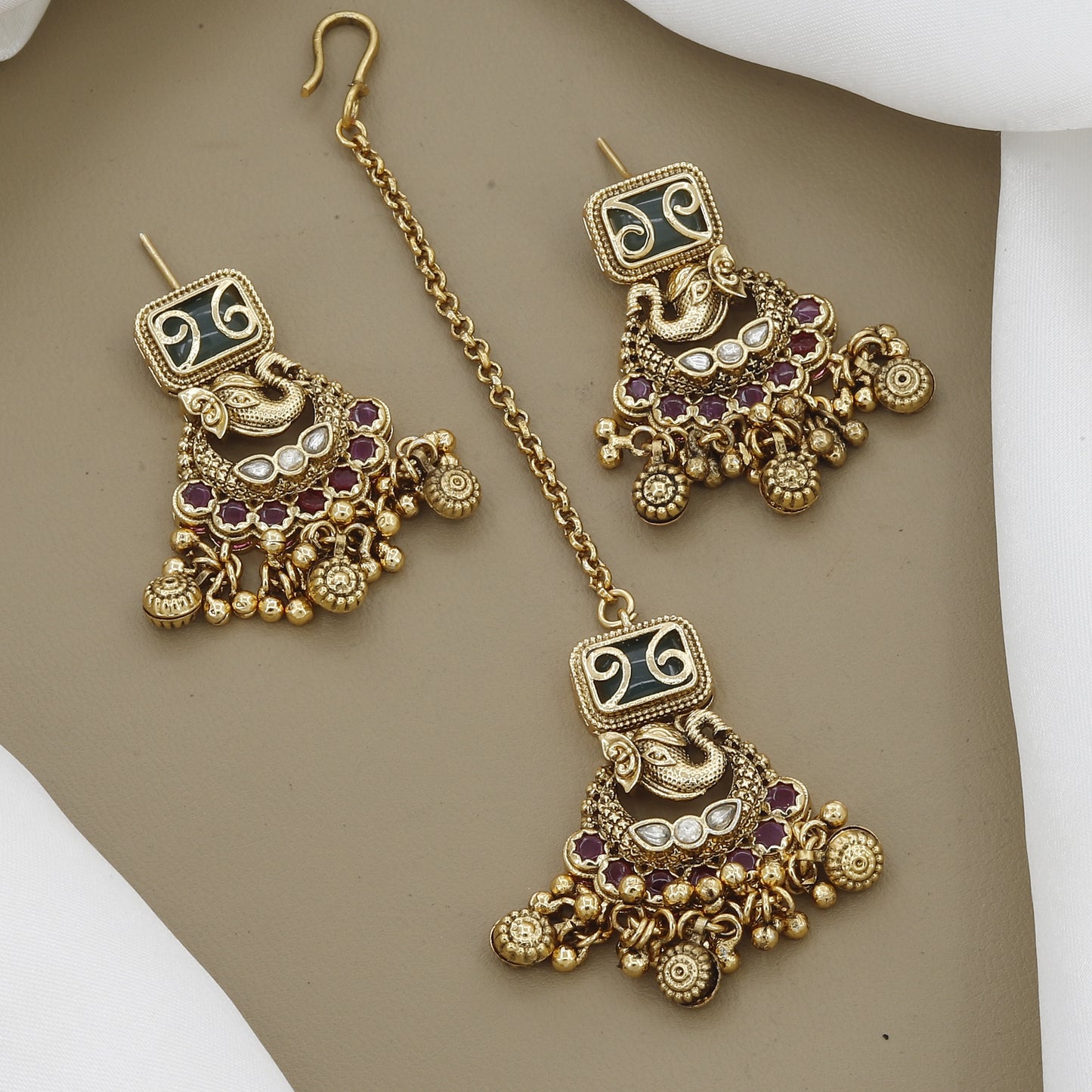 Antique Gold Peacock Necklace Set with Maang Tikka