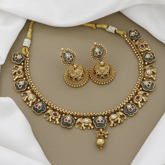 Antique Temple Jewelry Necklace Set with Elephant & Floral Motifs and Green Meenakari