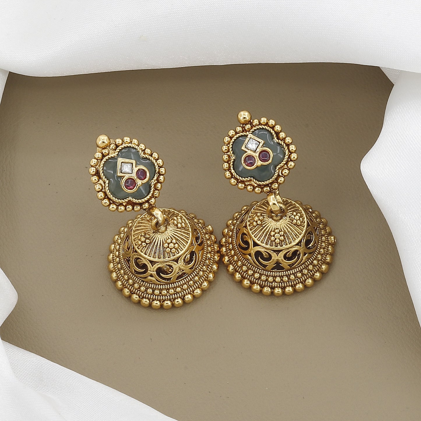 Antique Temple Jewelry Necklace Set with Elephant & Floral Motifs and Green Meenakari