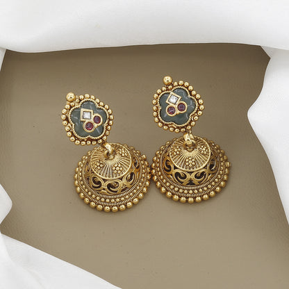 Antique Temple Jewelry Necklace Set with Elephant & Floral Motifs and Green Meenakari