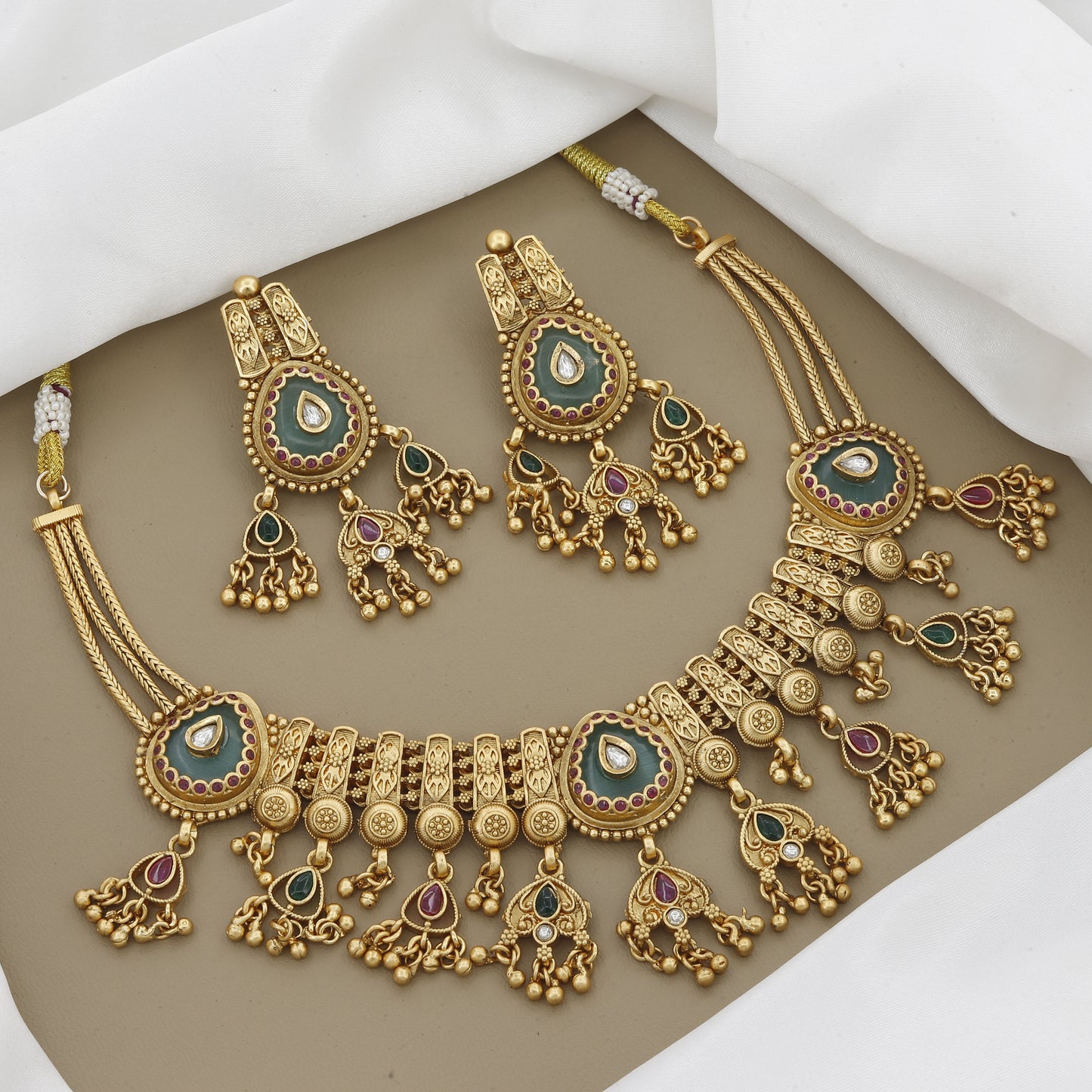 Traditional Antique Necklace with Detailed Meenakari & Gold Ghungroo Drops