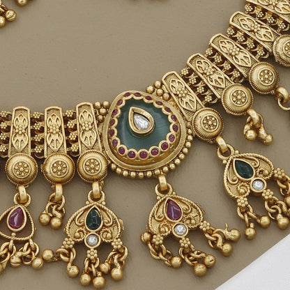 Traditional Antique Necklace with Detailed Meenakari & Gold Ghungroo Drops