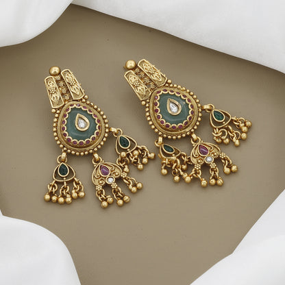 Traditional Antique Necklace with Detailed Meenakari & Gold Ghungroo Drops