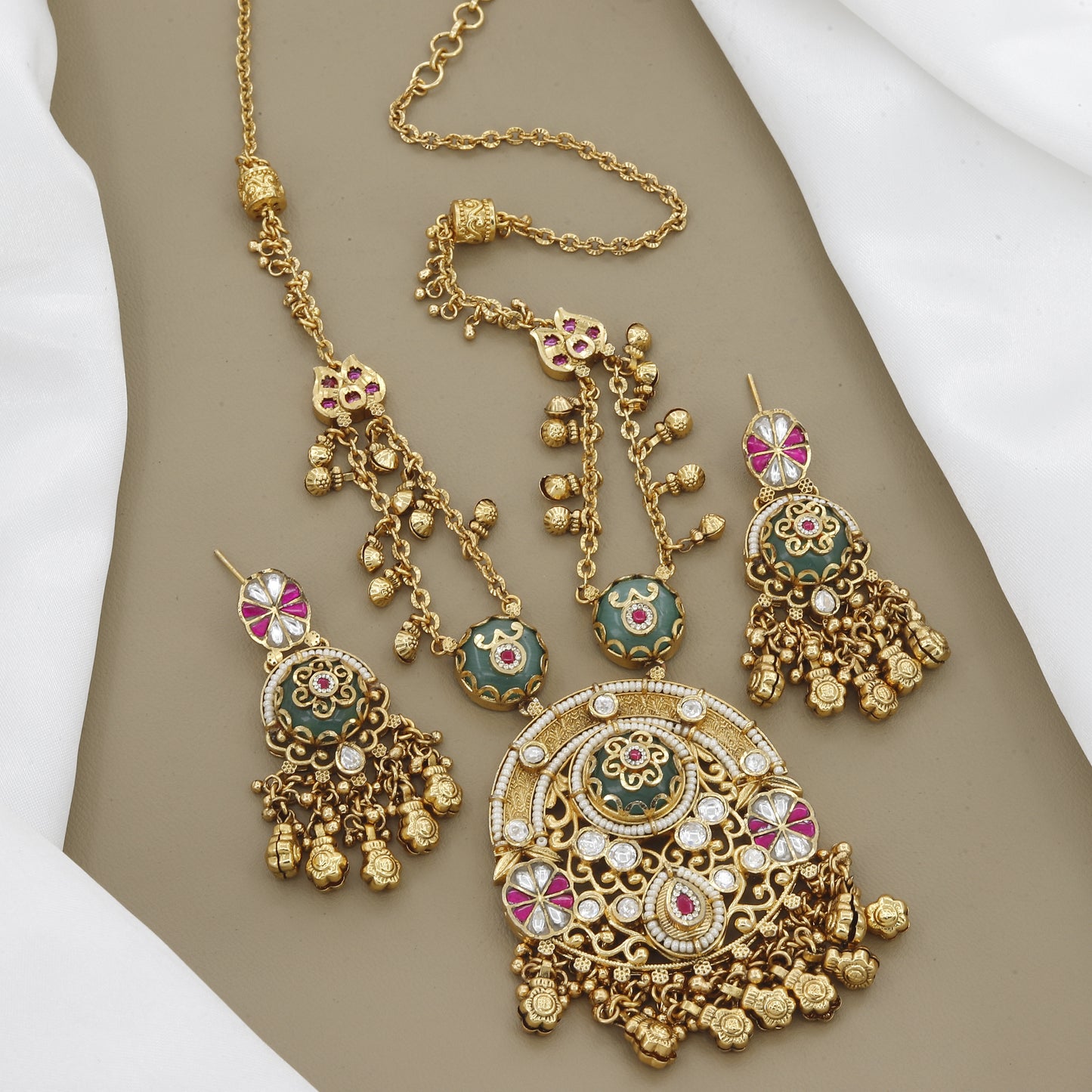 Stylish Antique Long Necklace Set with Ruby Kemp Stones and Green Enamel