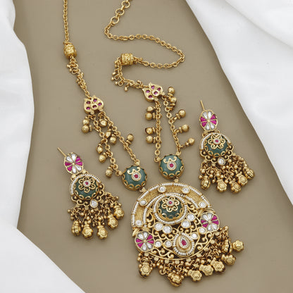 Stylish Antique Long Necklace Set with Ruby Kemp Stones and Green Enamel