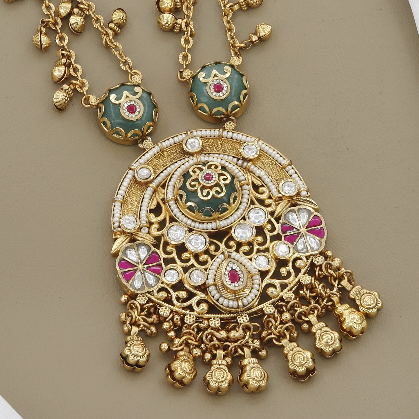 Stylish Antique Long Necklace Set with Ruby Kemp Stones and Green Enamel