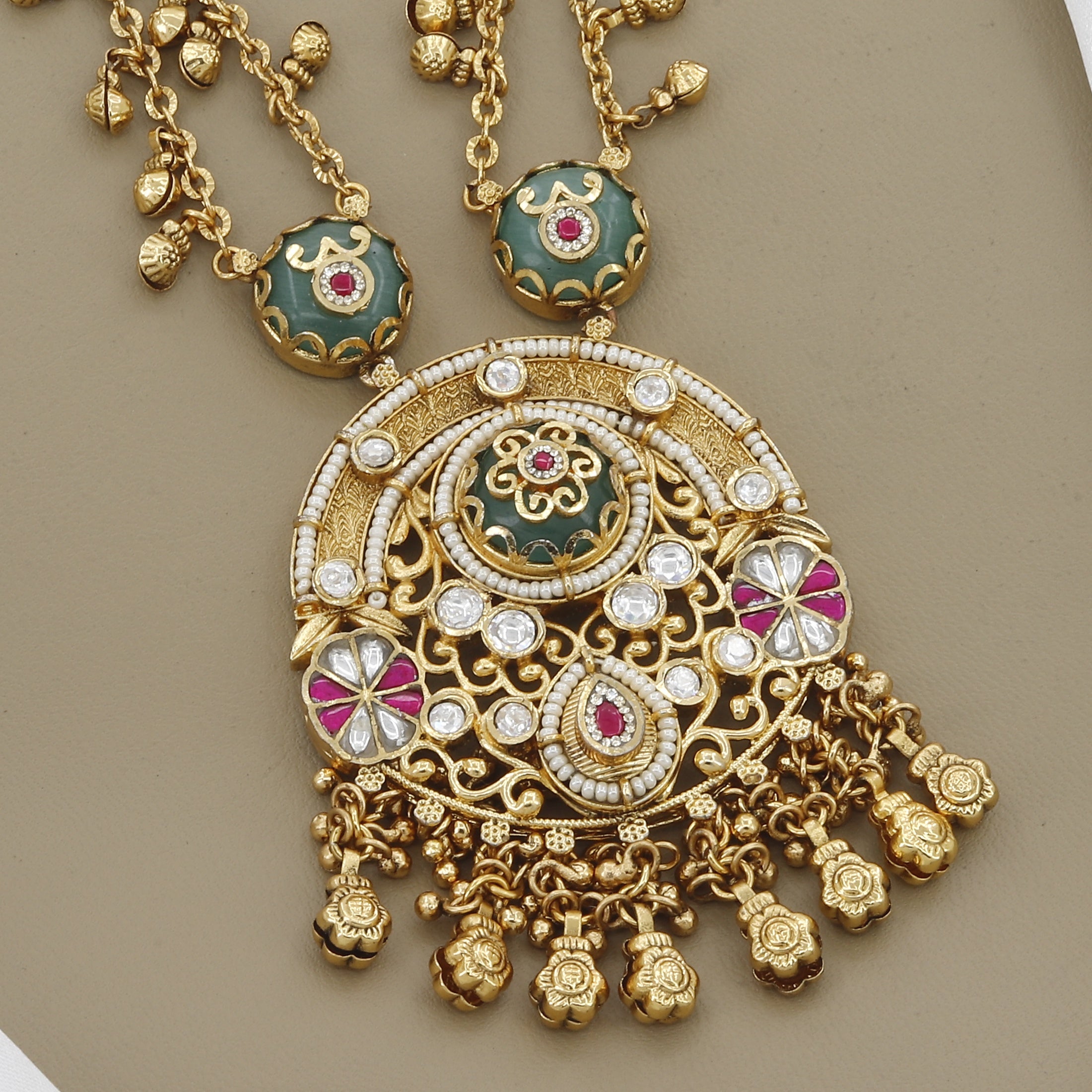 Stylish Antique Long Necklace Set with Ruby Kemp Stones and Green Enamel