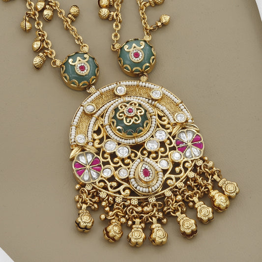 Stylish Antique Long Necklace Set with Ruby Kemp Stones and Green Enamel