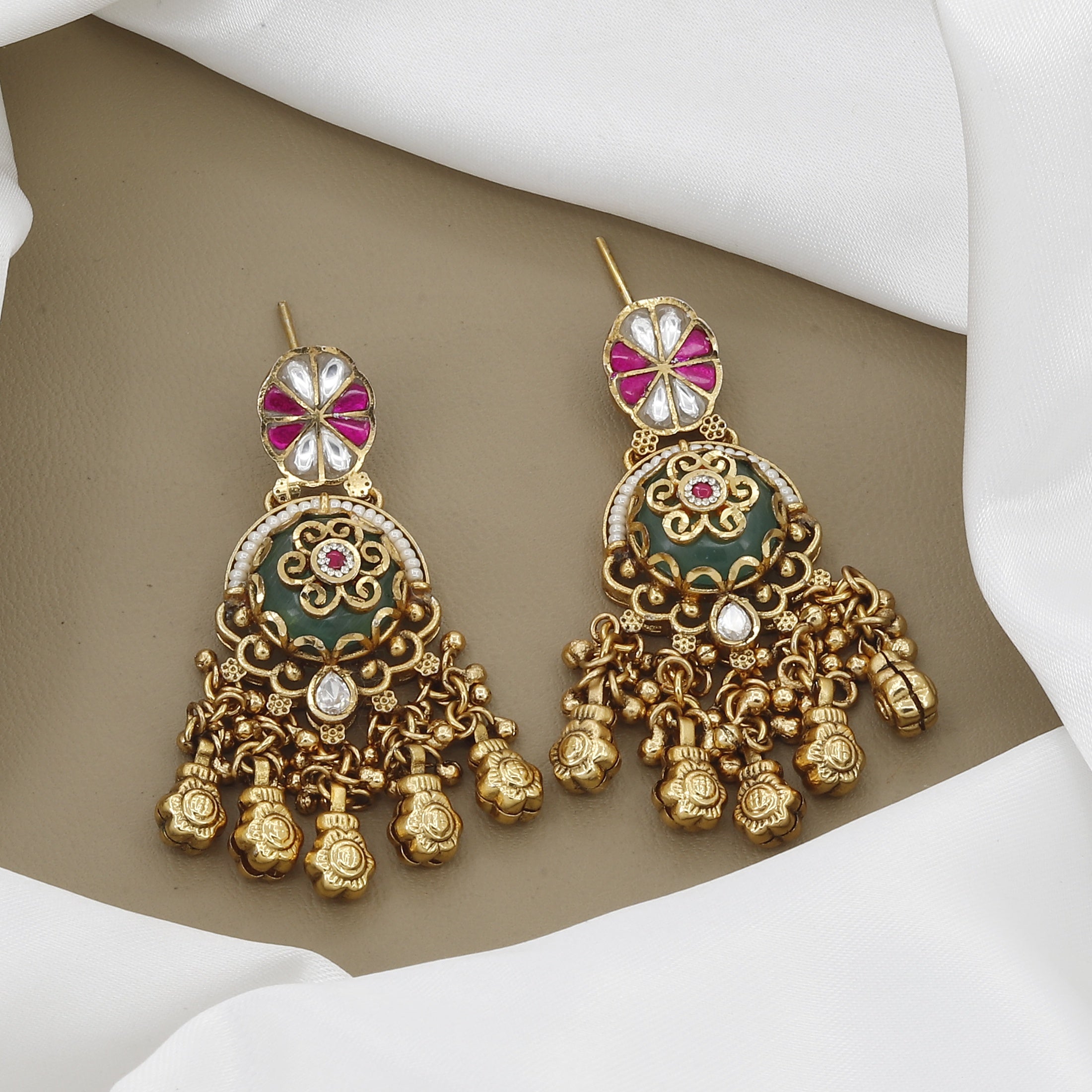 Stylish Antique Long Necklace Set with Ruby Kemp Stones and Green Enamel