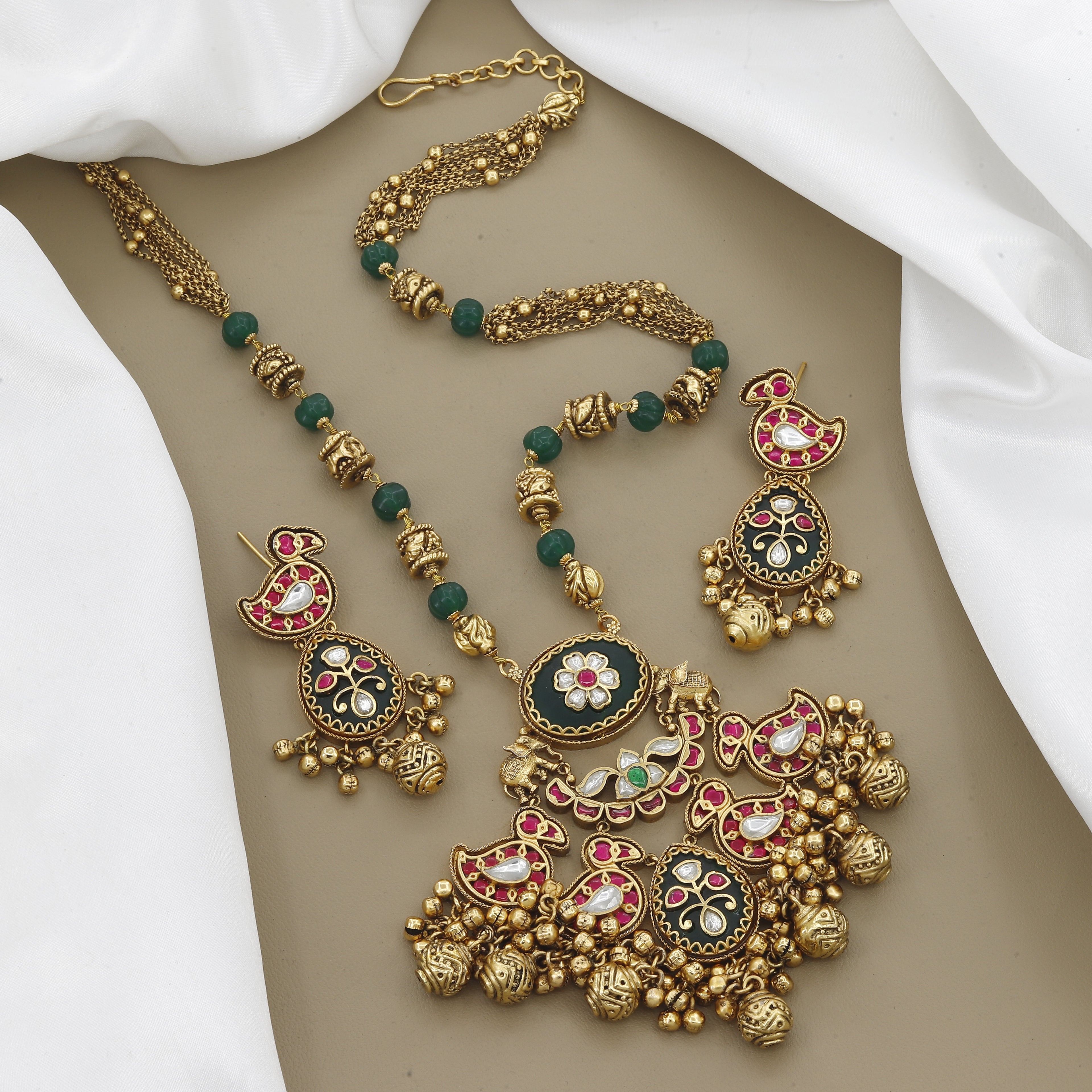Antique Peacock Necklace Set with Green Beads, Kemp Stone, and Black Enamel