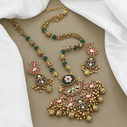 Antique Peacock Necklace Set with Green Beads, Kemp Stone, and Black Enamel