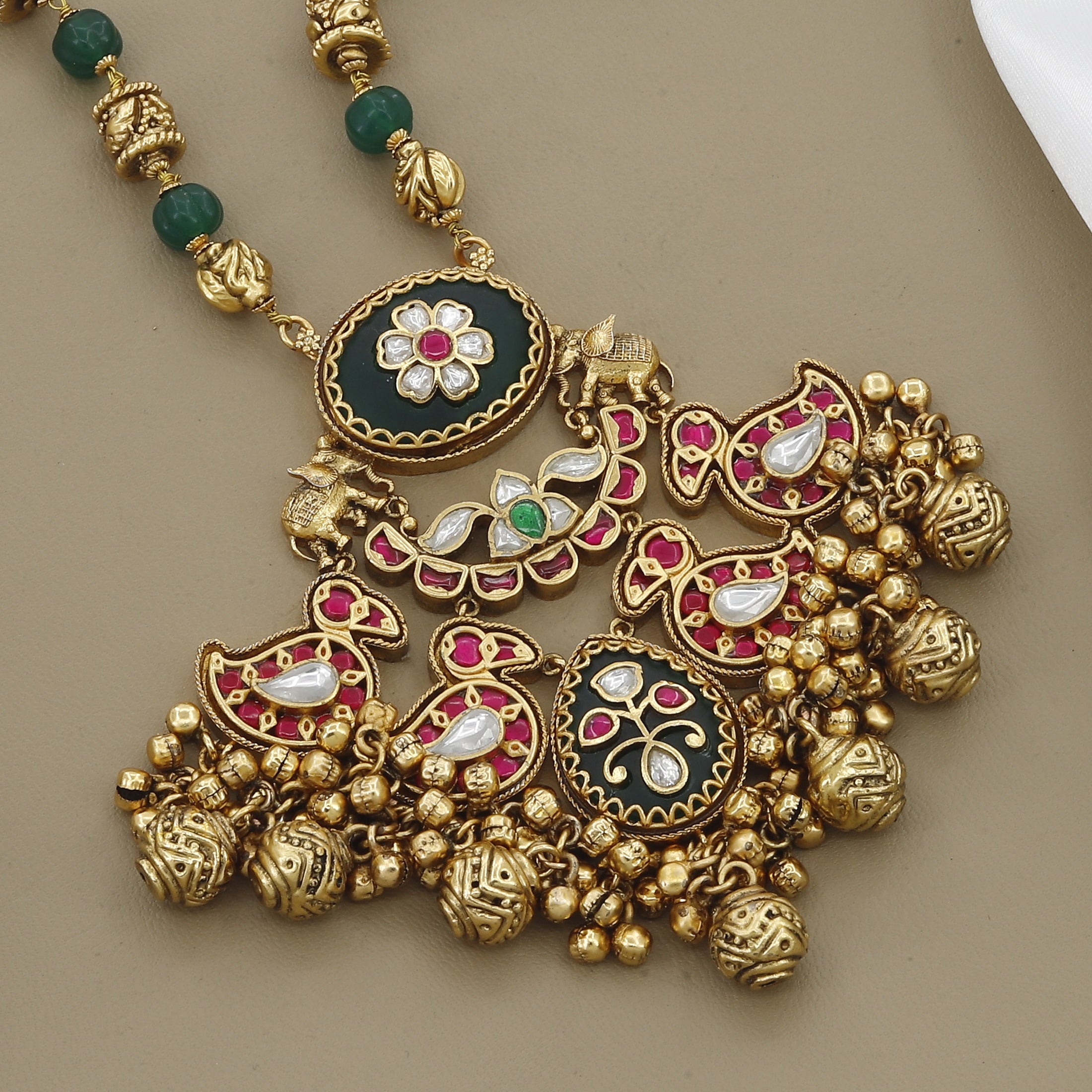 Antique Peacock Necklace Set with Green Beads, Kemp Stone, and Black Enamel