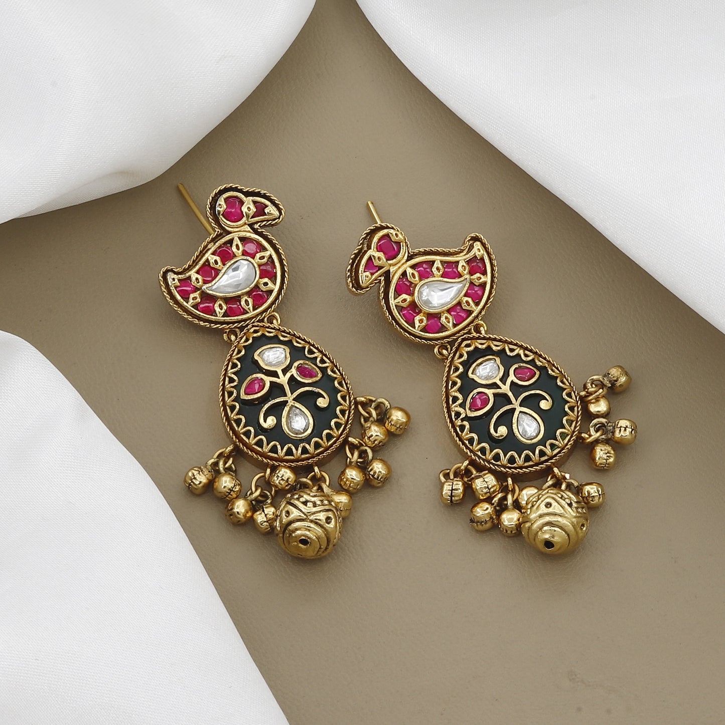 Antique Peacock Necklace Set with Green Beads, Kemp Stone, and Black Enamel