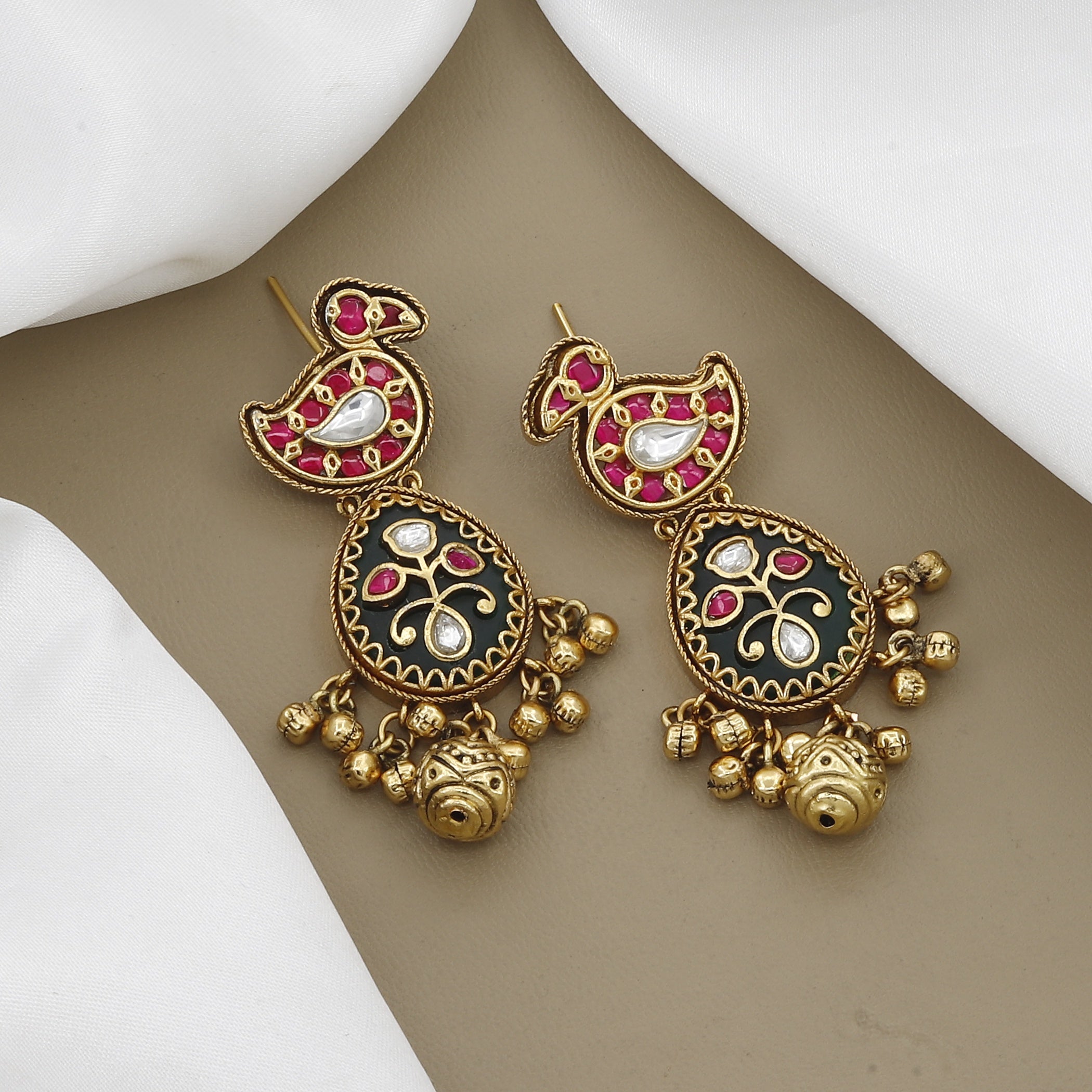 Antique Peacock Necklace Set with Green Beads, Kemp Stone, and Black Enamel