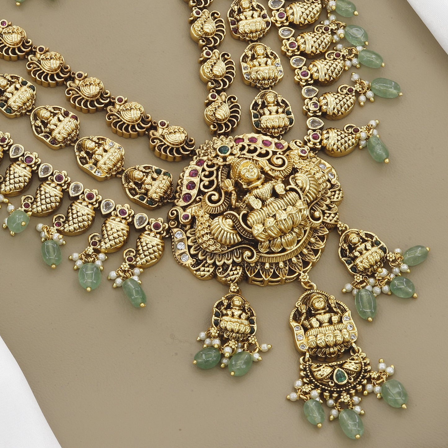 Lakshmi Necklace Set with Multi-Layered and Green Beads