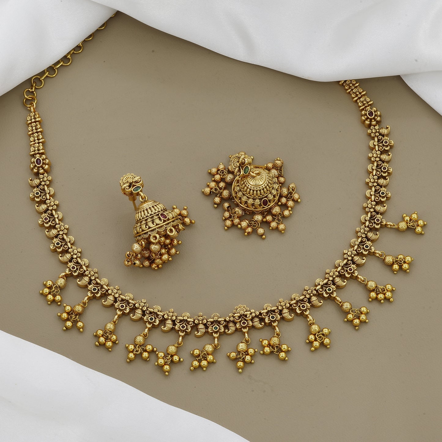 Traditional Antique Necklace Set with Floral Motifs and Ghungroo Drops