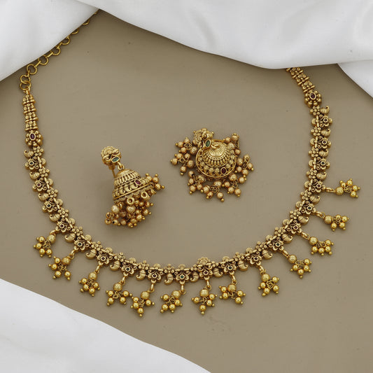 Traditional Antique Necklace Set with Floral Motifs and Ghungroo Drops