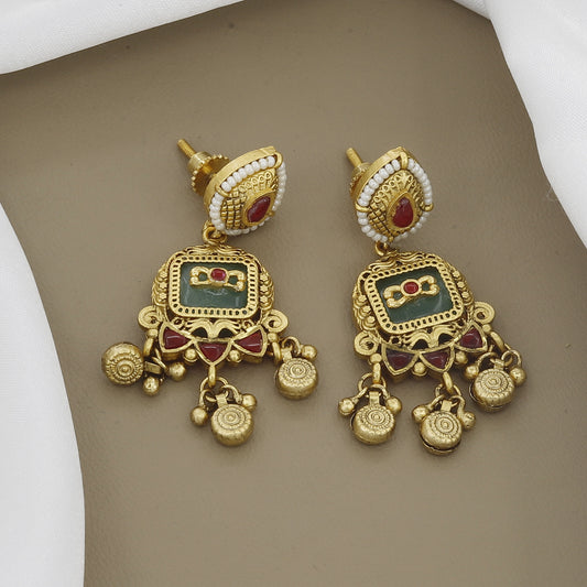 Antique Trapezoid Mangalsutra Set with Green Meenakari and Earrings