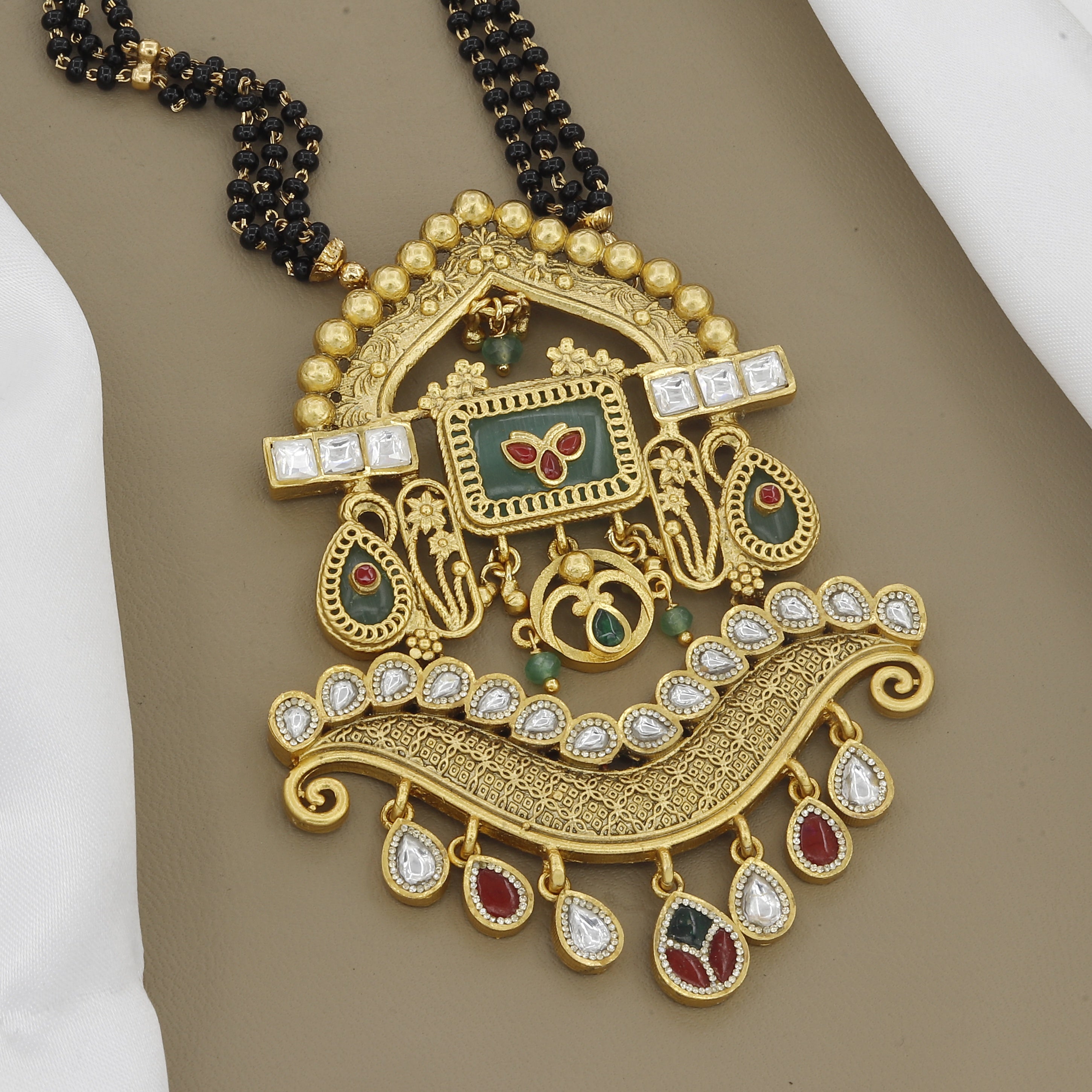 Luxury Antique Mangalsutra Set with Red & Green Enamel (Meenakari) and AD Stone Drops