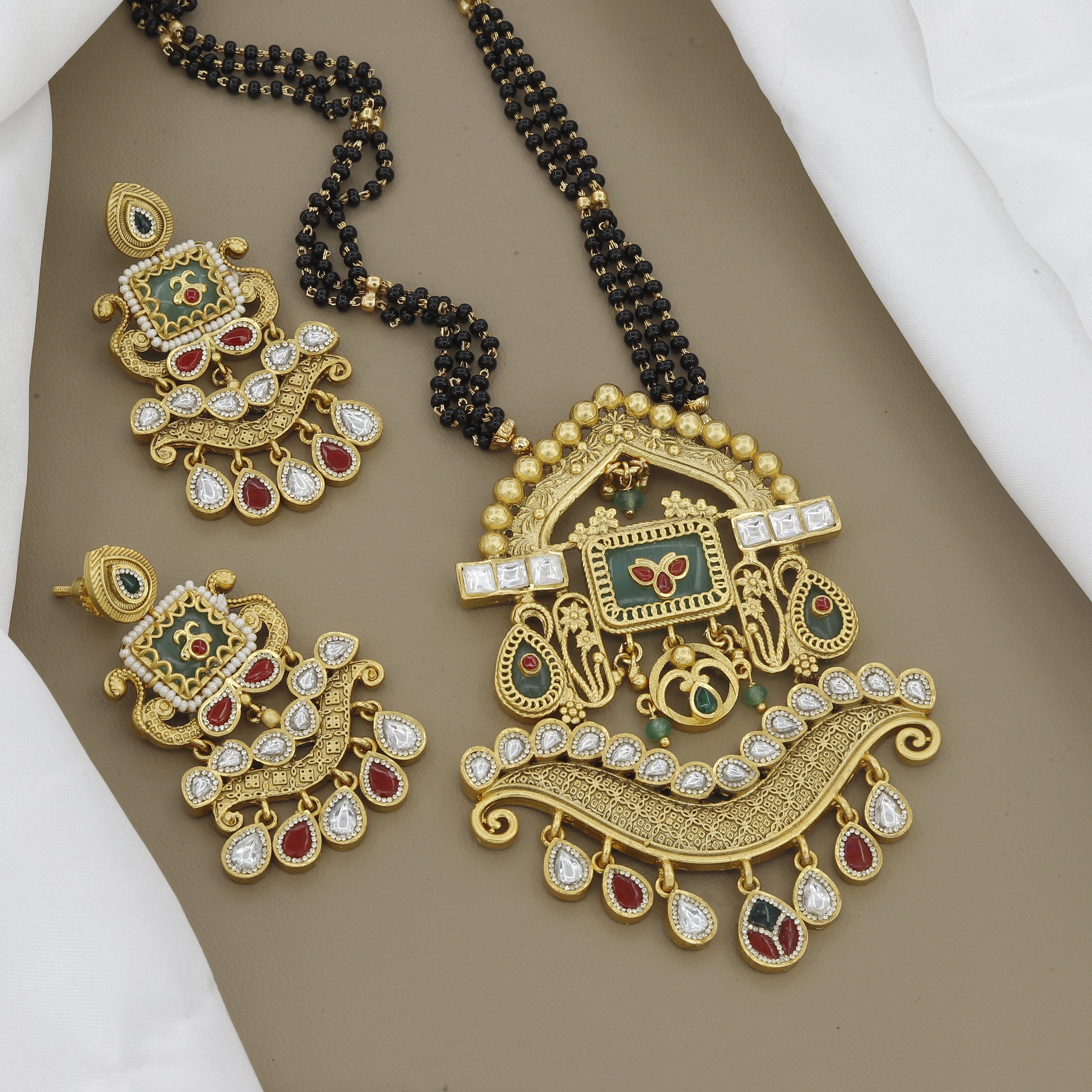 Luxury Antique Mangalsutra Set with Red & Green Enamel (Meenakari) and AD Stone Drops