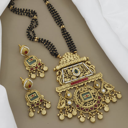 Antique Trapezoid Mangalsutra Set with Green Meenakari and Earrings