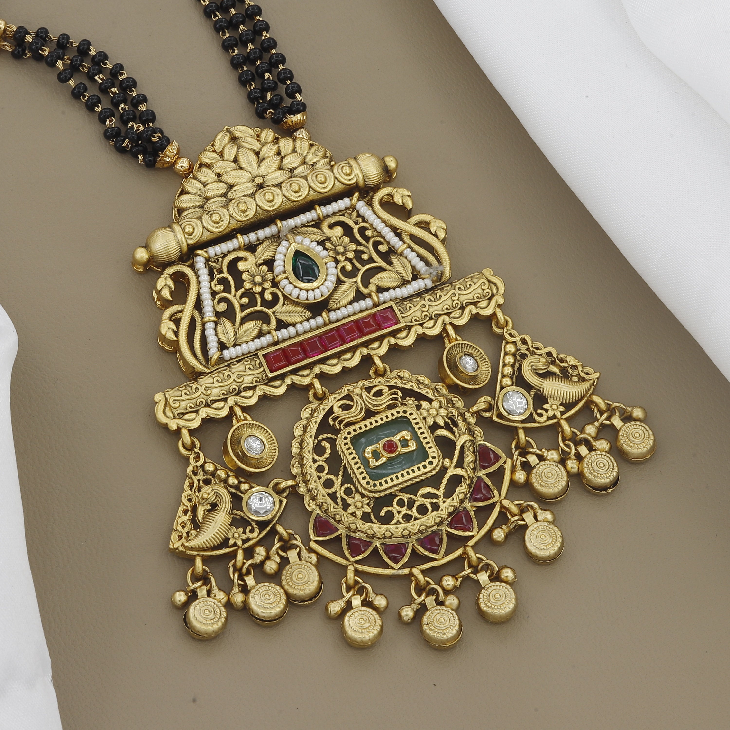 Antique Trapezoid Mangalsutra Set with Green Meenakari and Earrings