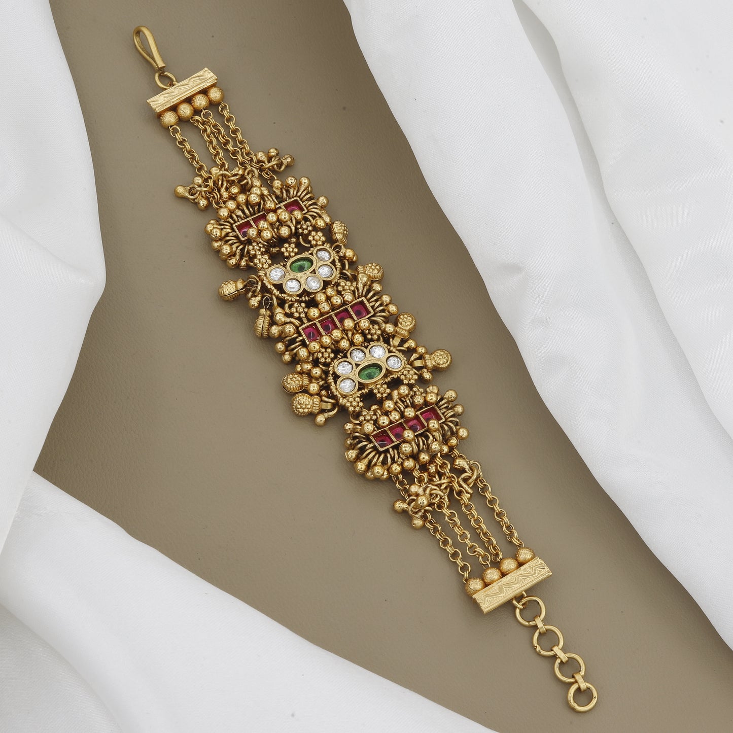 Traditional Antique Gold Bracelet with Ruby, Green Stone & Jhumka Drops