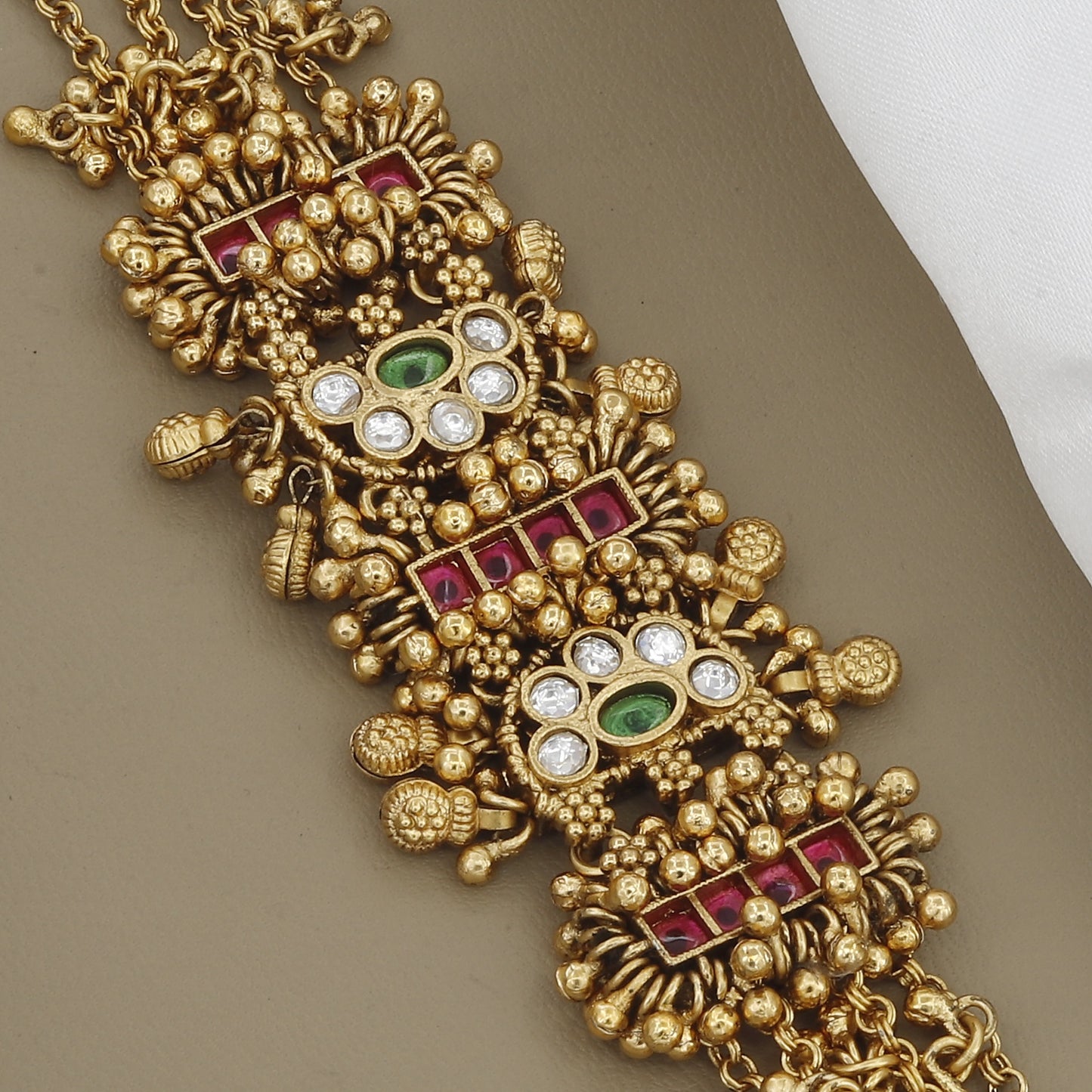 Traditional Antique Gold Bracelet with Ruby, Green Stone & Jhumka Drops