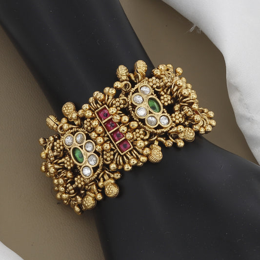 Traditional Antique Gold Bracelet with Ruby, Green Stone & Jhumka Drops