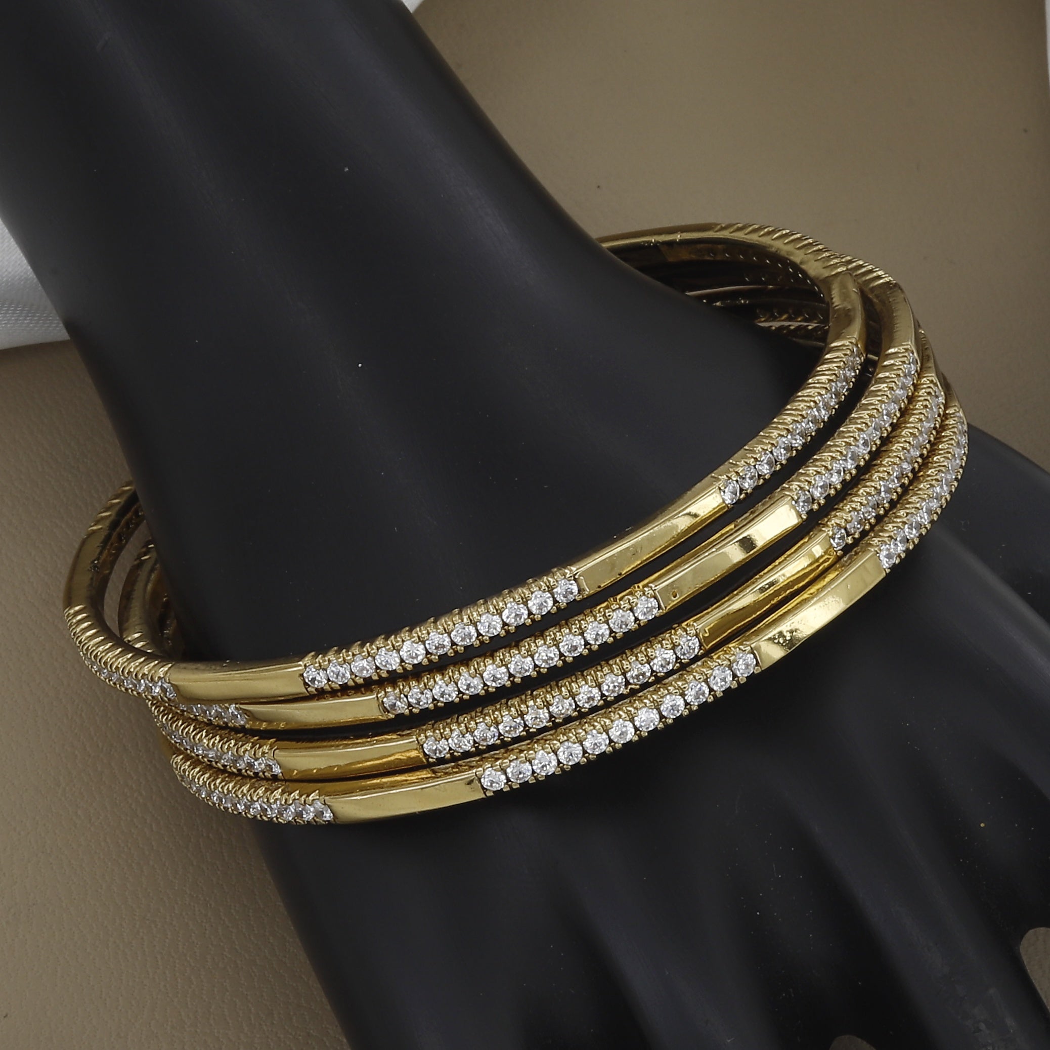 Stackable Diamond-Look Mehndi Polished CZ Stone Bangle Set