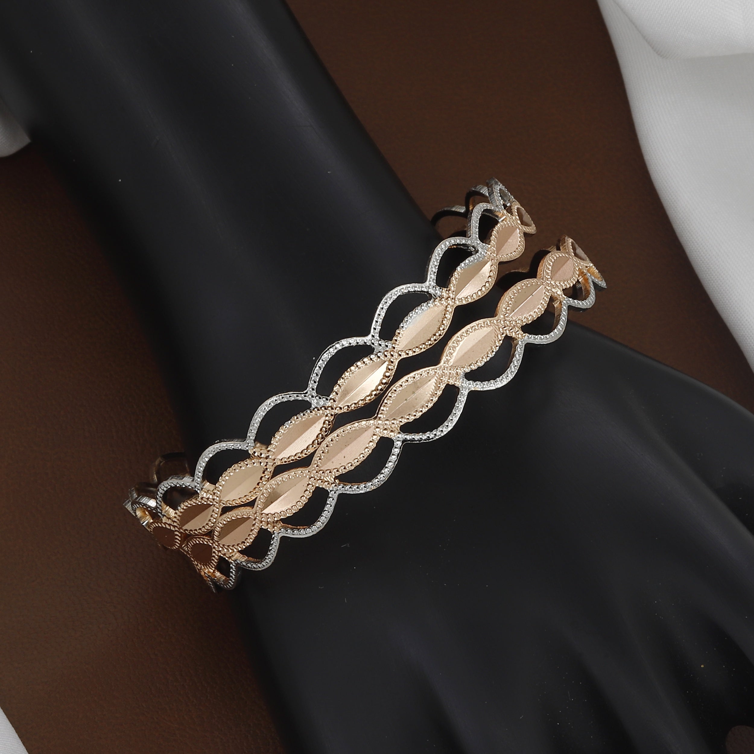 Intricate Leaf Pattern Dual-Tone Rose Gold & Silver Bangle Set