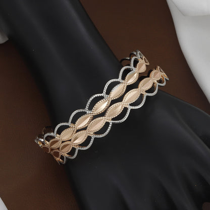 Intricate Leaf Pattern Dual-Tone Rose Gold & Silver Bangle Set