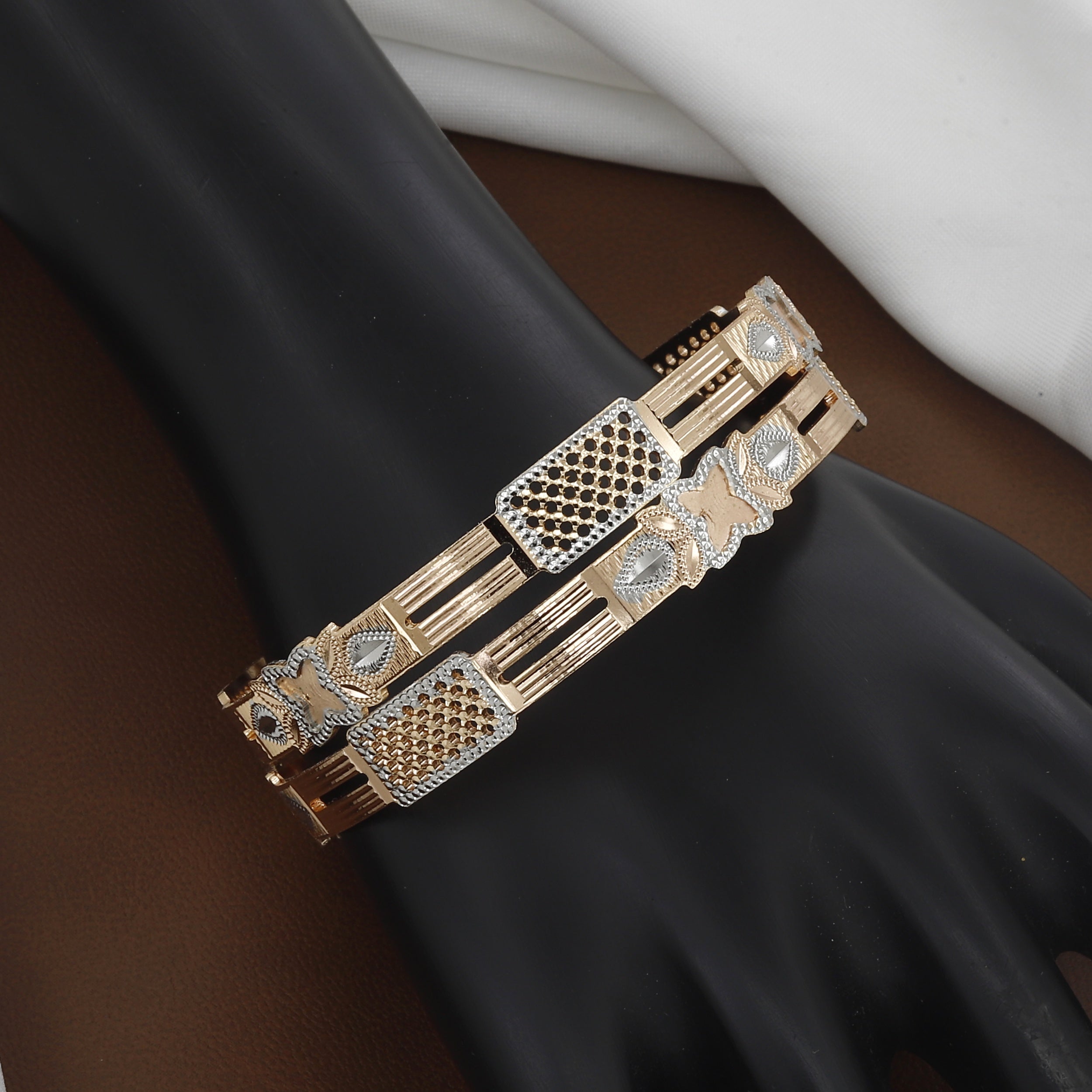 Dual-Tone Mesh & Rose Gold Modern Geometric Bangle Set