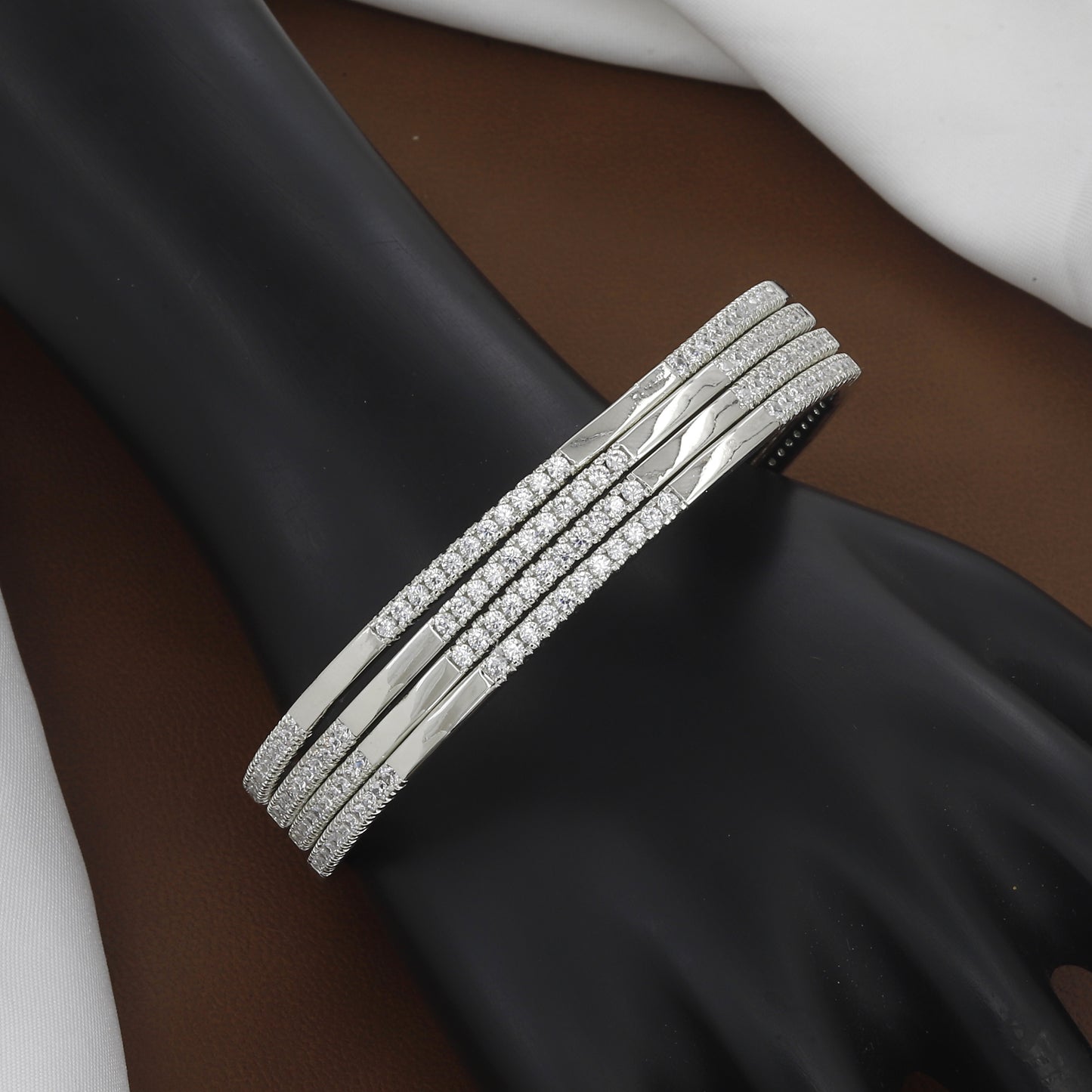 Stackable Diamond-Look Silver Polished CZ Stone Bangle Set