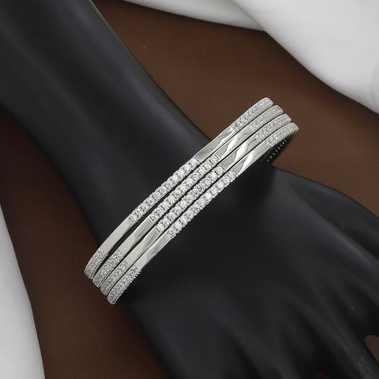 Stackable Diamond-Look Silver Polished CZ Stone Bangle Set