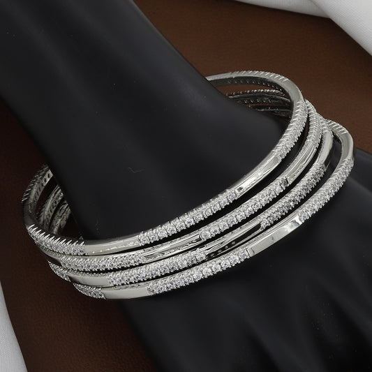 Stackable Diamond-Look Silver Polished CZ Stone Bangle Set