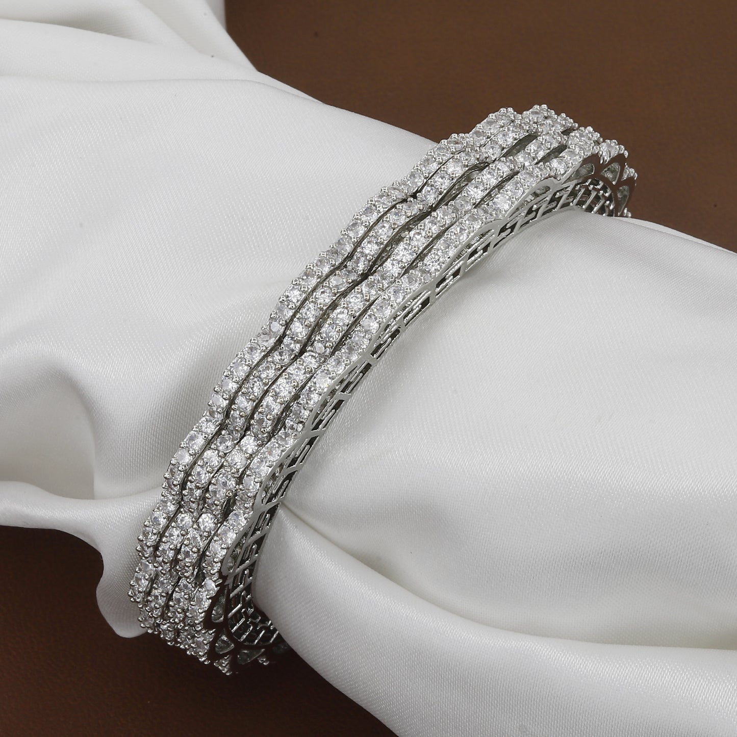 Stackable Silver-Tone Sparkling American Diamond/CZ Bangle Set