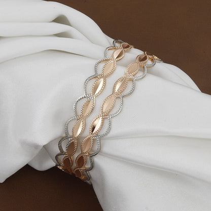 Intricate Leaf Pattern Dual-Tone Rose Gold & Silver Bangle Set