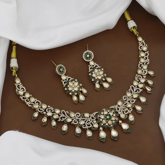 Victorian Polished Intricate Green Enamel & Kundan Polki Floral Necklace Set