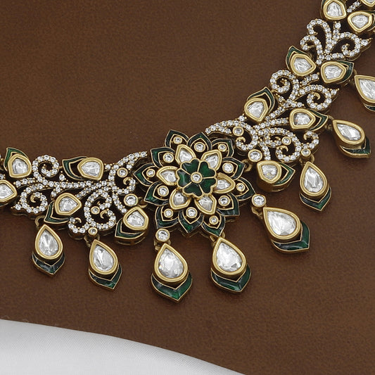Victorian Polished Intricate Green Enamel & Kundan Polki Floral Necklace Set
