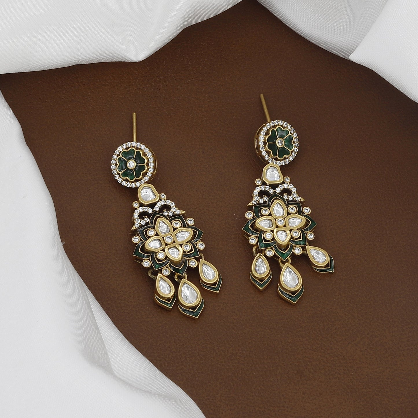Victorian Polished Intricate Green Enamel & Kundan Polki Floral Necklace Set