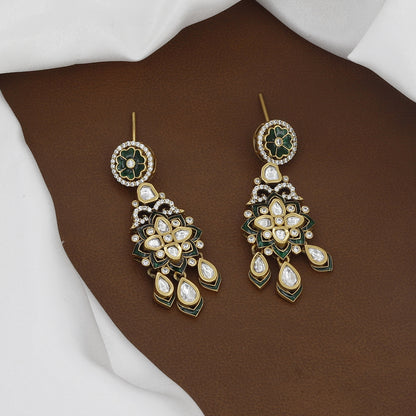 Victorian Polished Intricate Green Enamel & Kundan Polki Floral Necklace Set