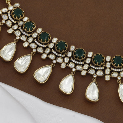 Victorian Polished Heavy Traditional Polki & Green Stone Necklace Set