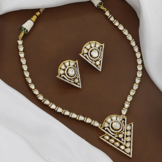 Victorian Polished Modern Ethnic Geometric Polki  Necklace Set